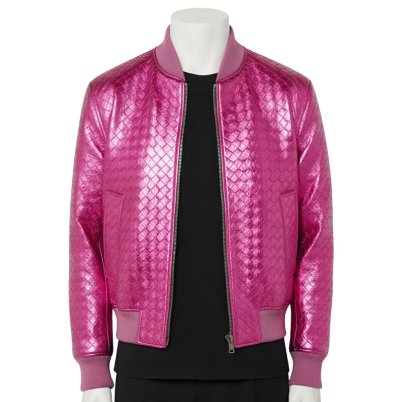 A luxury metallic fuchsia hand-woven men's leather bomber jacket with a matching pink ribbed collar and cuffs, showcased by Custom Jackets USA.