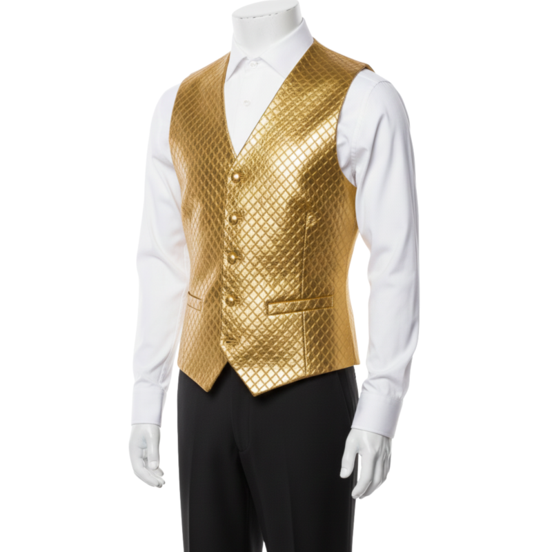 A man wearing a golden woven leather riding vest with biker lapels and an asymmetrical zipper.