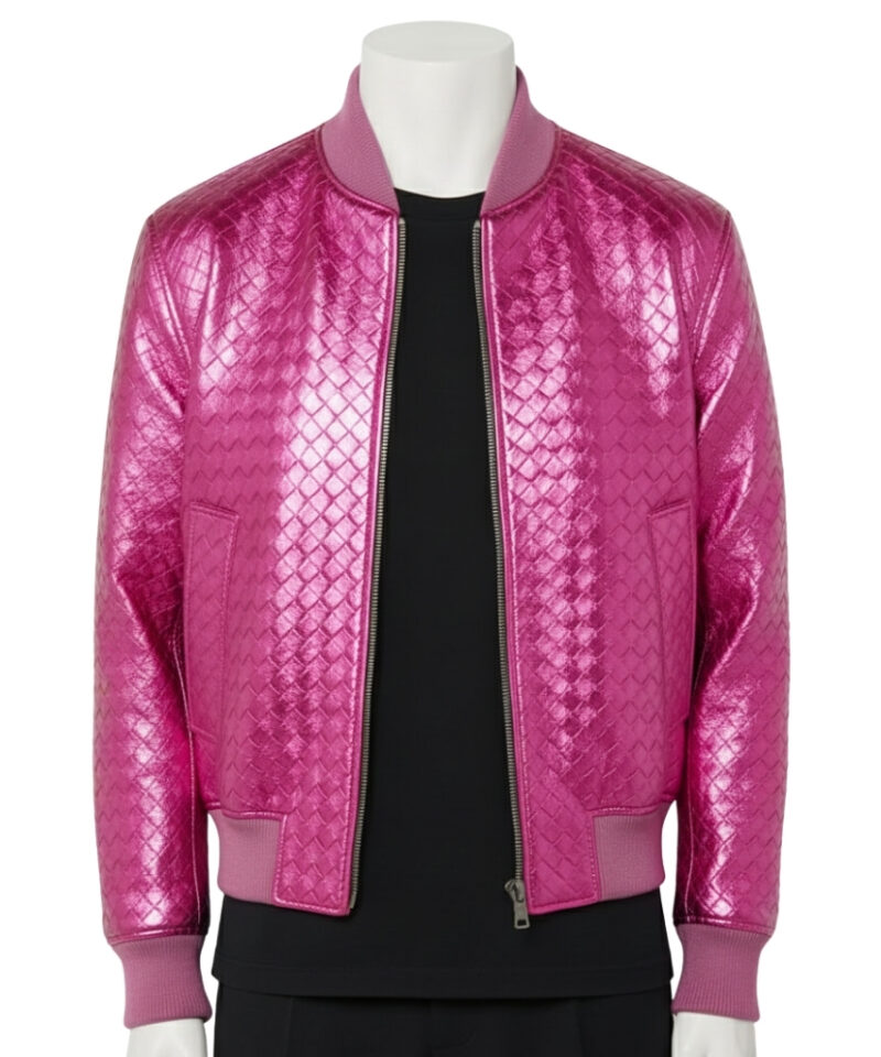 A luxury metallic fuchsia hand-woven men's leather bomber jacket with a matching pink ribbed collar and cuffs, showcased by Custom Jackets USA.