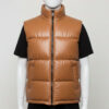 Toffee tan horizontal quilted leather vest for men featuring a high stand-up collar.