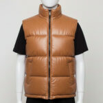Toffee tan horizontal quilted leather vest for men featuring a high stand-up collar.