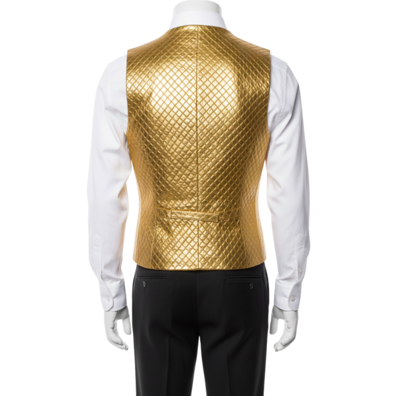 A man wearing a golden woven leather riding vest with biker lapels and an asymmetrical zipper.