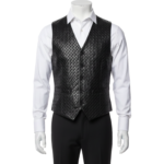 A man wearing a black woven black leather motorcycle vest with biker lapels and an asymmetrical zipper.