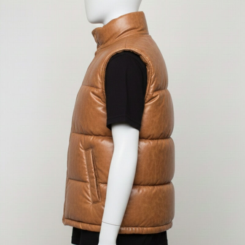 Toffee tan horizontal quilted leather vest for men featuring a high stand-up collar.