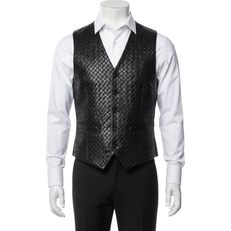 A man wearing a black woven black leather motorcycle vest with biker lapels and an asymmetrical zipper.