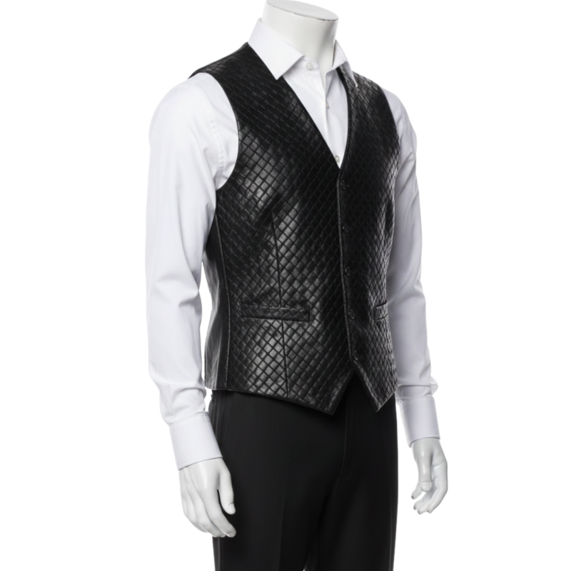 A man wearing a black woven black leather motorcycle vest with biker lapels and an asymmetrical zipper.