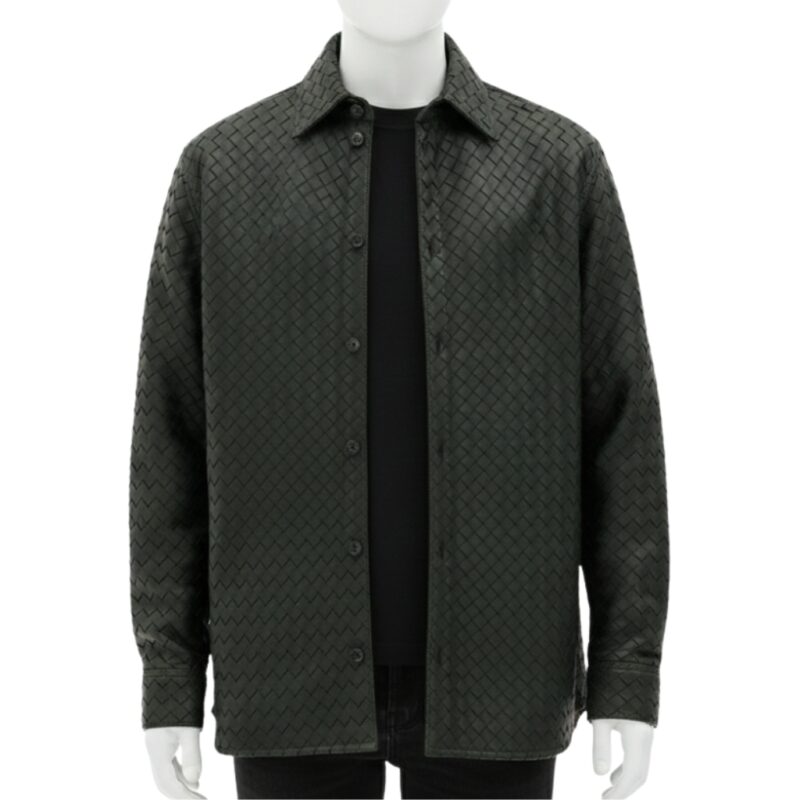 A luxury anthracite grey hand-woven men's leather bomber jacket in a shirt-jacket style with a sharp collar and button front, showcased by Custom Jackets USA.