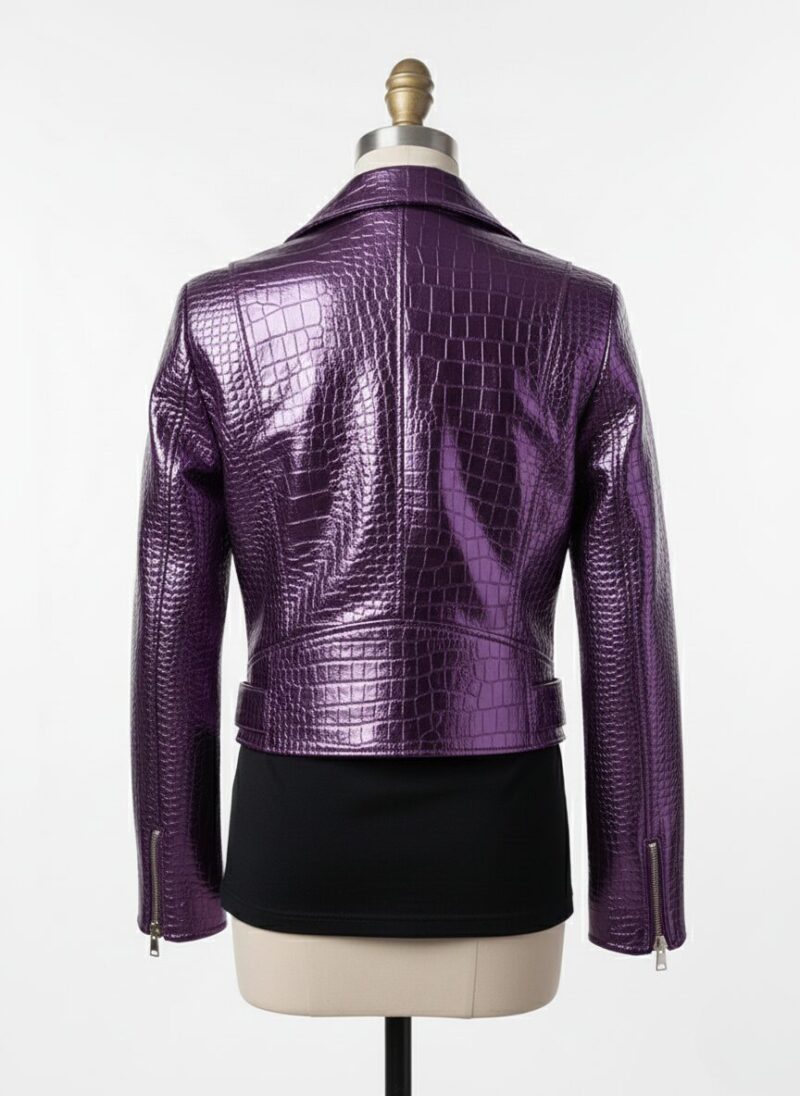 Detailed shot of metallic purple crocodile womens leather biker jacket with a ladies leather biker jacket finish.