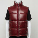 Side view of the tailored athletic fit on a horizontal quilted leather vest for men.