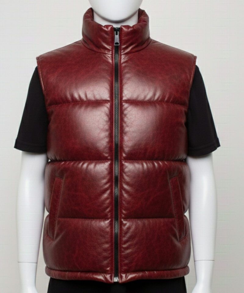 Side view of the tailored athletic fit on a horizontal quilted leather vest for men.