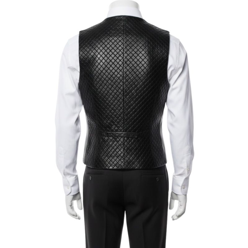 A man wearing a black woven black leather motorcycle vest with biker lapels and an asymmetrical zipper.