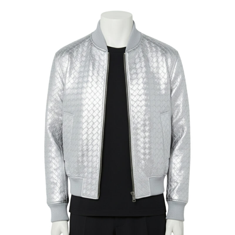 A luxury metallic silver hand-woven men's leather bomber jacket with a light grey ribbed collar and cuffs, showcased by Custom Jackets USA.