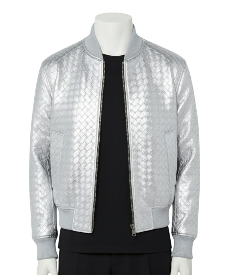 A luxury metallic silver hand-woven men's leather bomber jacket with a light grey ribbed collar and cuffs, showcased by Custom Jackets USA.