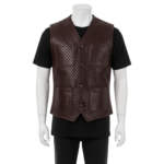 A man wearing a handmade Brown Woven Leather Vest For Men featuring an intricate bespoke luxury woven pattern and a tailored second skin fit.