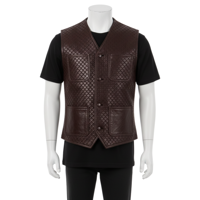 A man wearing a handmade Brown Woven Leather Vest For Men featuring an intricate bespoke luxury woven pattern and a tailored second skin fit.