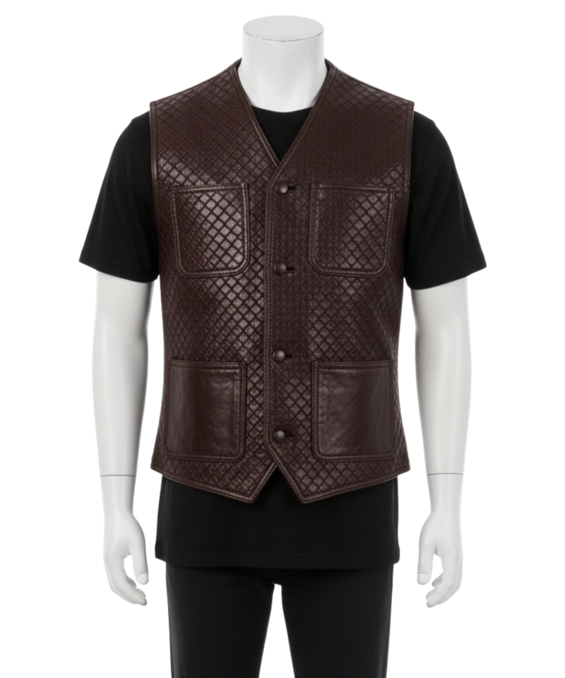 A man wearing a handmade Brown Woven Leather Vest For Men featuring an intricate bespoke luxury woven pattern and a tailored second skin fit.