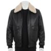 A luxury black aviator jacket mens with a contrasting white shearling fur collar and ribbed cuffs, showcased by Custom Jackets USA.
