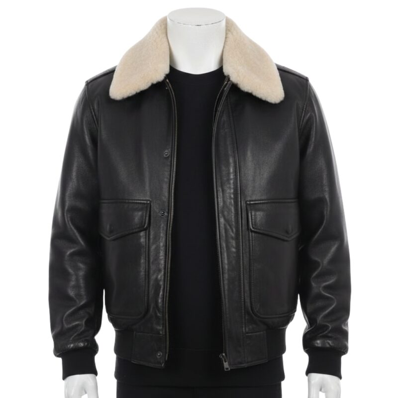 A luxury black aviator jacket mens with a contrasting white shearling fur collar and ribbed cuffs, showcased by Custom Jackets USA.