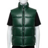 Close-up of the high-neck stand collar and zipper hardware on a green leather puffer vest.