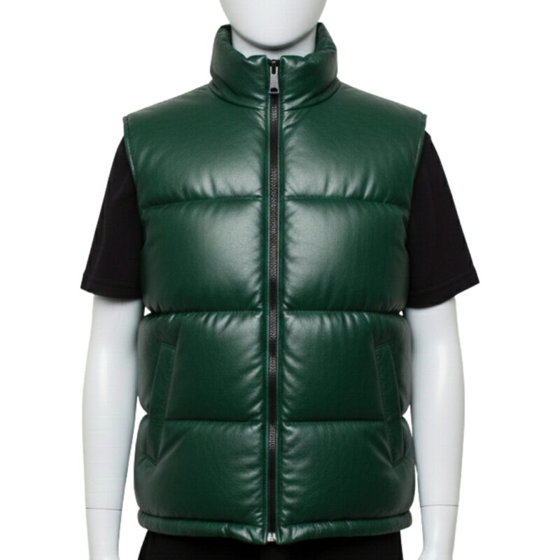 Close-up of the high-neck stand collar and zipper hardware on a green leather puffer vest.