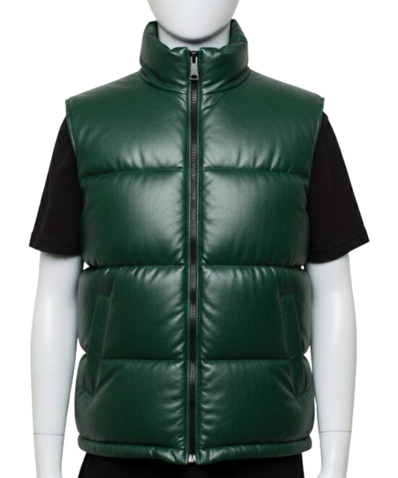 Close-up of the high-neck stand collar and zipper hardware on a green leather puffer vest.