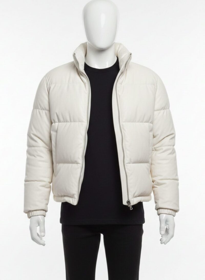 A premium ivory leather puffer jacket for men featuring a high stand collar and structured horizontal quilting.