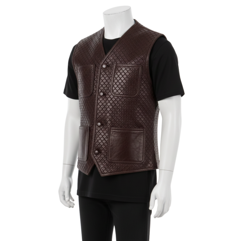 A man wearing a handmade Brown Woven Leather Vest For Men featuring an intricate bespoke luxury woven pattern and a tailored second skin fit.