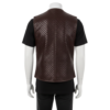 A man wearing a handmade Brown Woven Leather Vest For Men featuring an intricate bespoke luxury woven pattern and a tailored second skin fit.