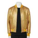 A luxury champagne beige hand-woven men's leather bomber jacket with a classic collar and ribbed trim, showcased by Custom Jackets USA.