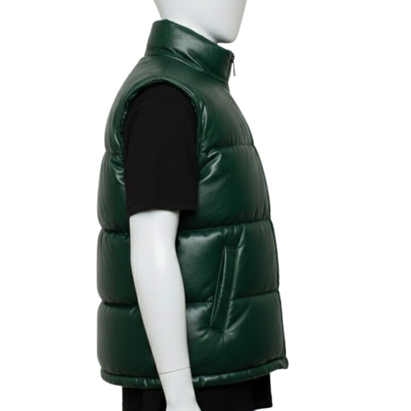 Close-up of the high-neck stand collar and zipper hardware on a green leather puffer vest.