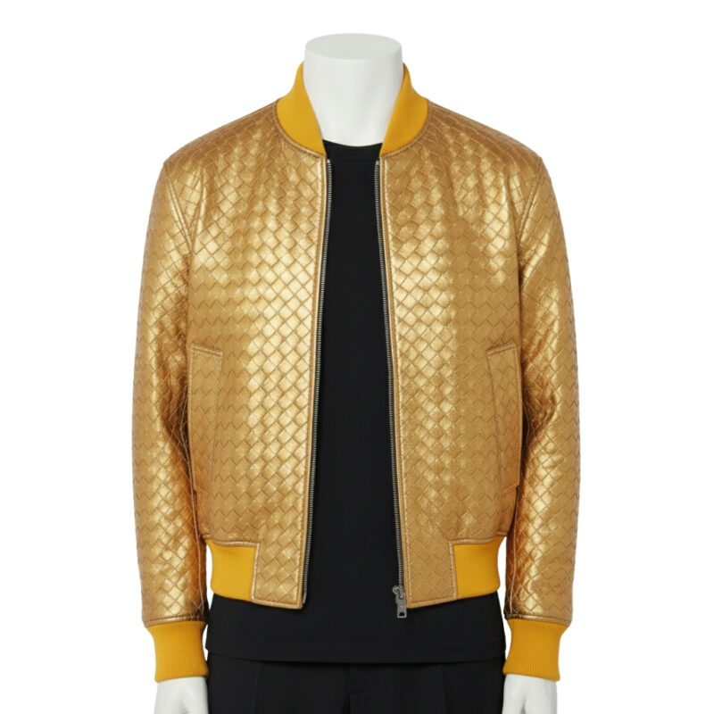 A luxury champagne beige hand-woven men's leather bomber jacket with a classic collar and ribbed trim, showcased by Custom Jackets USA.