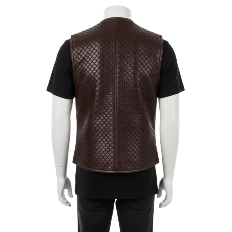 A man wearing a handmade Brown Woven Leather Vest For Men featuring an intricate bespoke luxury woven pattern and a tailored second skin fit.