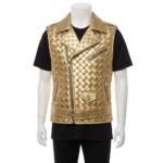 A man wearing a golden woven leather vest for men with an asymmetrical zipper.