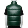 Close-up of the high-neck stand collar and zipper hardware on a green leather puffer vest.