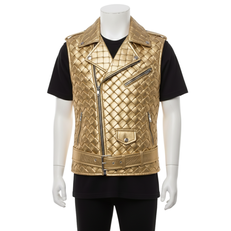 A man wearing a golden woven leather vest for men with an asymmetrical zipper.