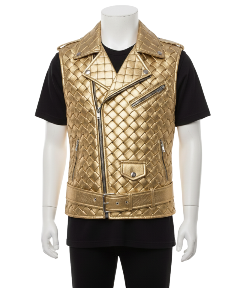 A man wearing a golden woven leather vest for men with an asymmetrical zipper.