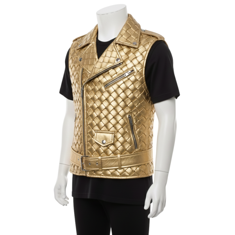 A man wearing a golden woven leather vest for men with an asymmetrical zipper.