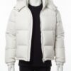 Men's white ostrich leather puffer jacket with hood and silver zipper details.