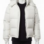 Men's white ostrich leather puffer jacket with hood and silver zipper details.