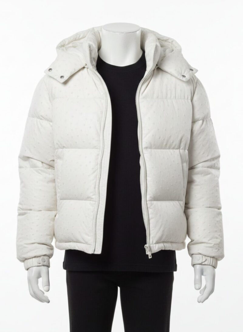 Men's white ostrich leather puffer jacket with hood and silver zipper details.