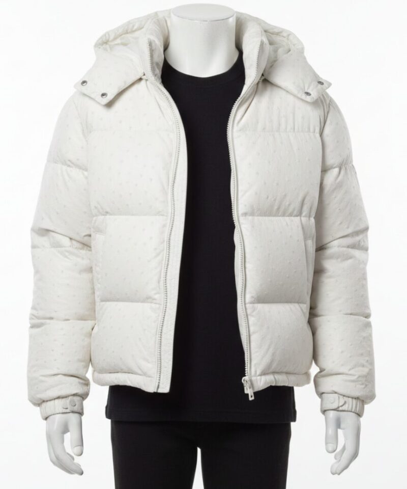 Men's white ostrich leather puffer jacket with hood and silver zipper details.