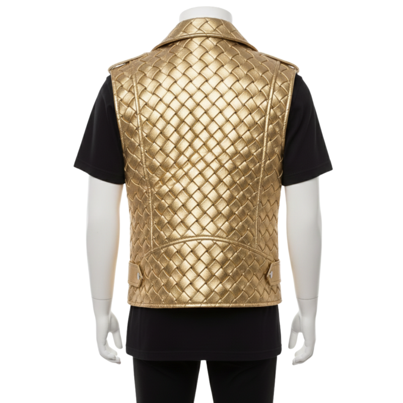A man wearing a golden woven leather vest for men with an asymmetrical zipper.