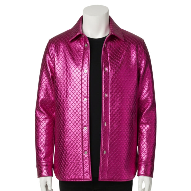 Hand-woven metallic fuchsia mens leather bomber jackets showcasing diamond texture and luxury finish from Custom Jackets USA.