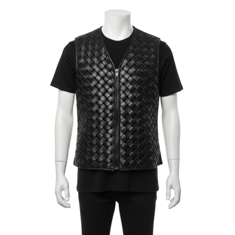 A man wearing a black woven leather vest for men with a center zipper and v-neck.