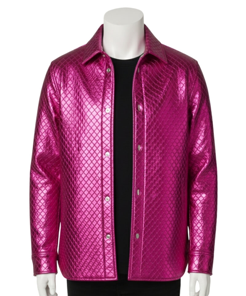 Hand-woven metallic fuchsia mens leather bomber jackets showcasing diamond texture and luxury finish from Custom Jackets USA.