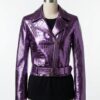 Detailed shot of metallic purple crocodile womens leather biker jacket with a ladies leather biker jacket finish.