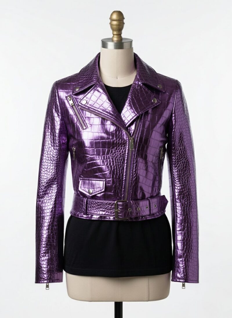Detailed shot of metallic purple crocodile womens leather biker jacket with a ladies leather biker jacket finish.