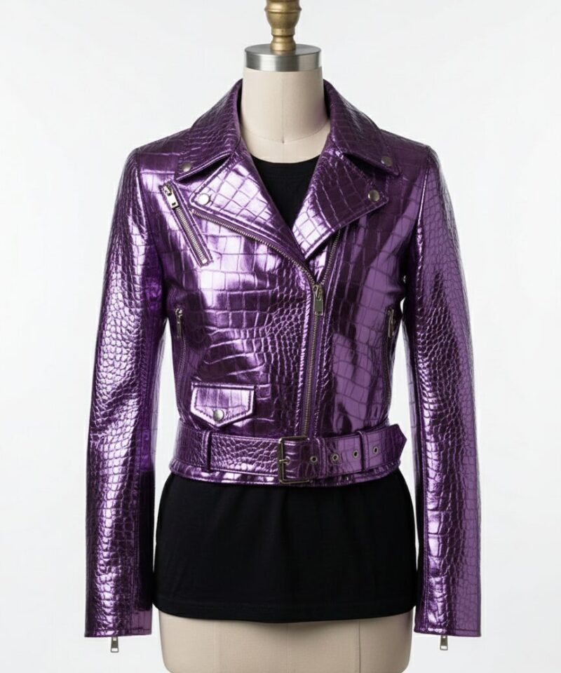 Detailed shot of metallic purple crocodile womens leather biker jacket with a ladies leather biker jacket finish.