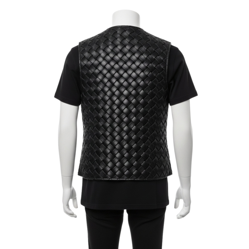 A man wearing a black woven leather vest for men with a center zipper and v-neck.