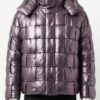 A luxury metallic purple hand-woven leather puffer jacket for men with a high-neck collar and contemporary tailored fit.